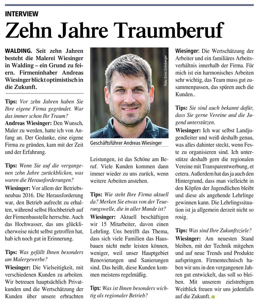Interview 10 Jahre Traumberuf - Quelle: TIPS Urfahr-Umgebung / www.tips.at